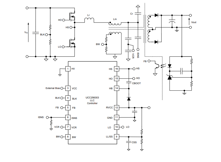 回路図 - Texas Instruments UCC256303 LLC共振コントローラ
